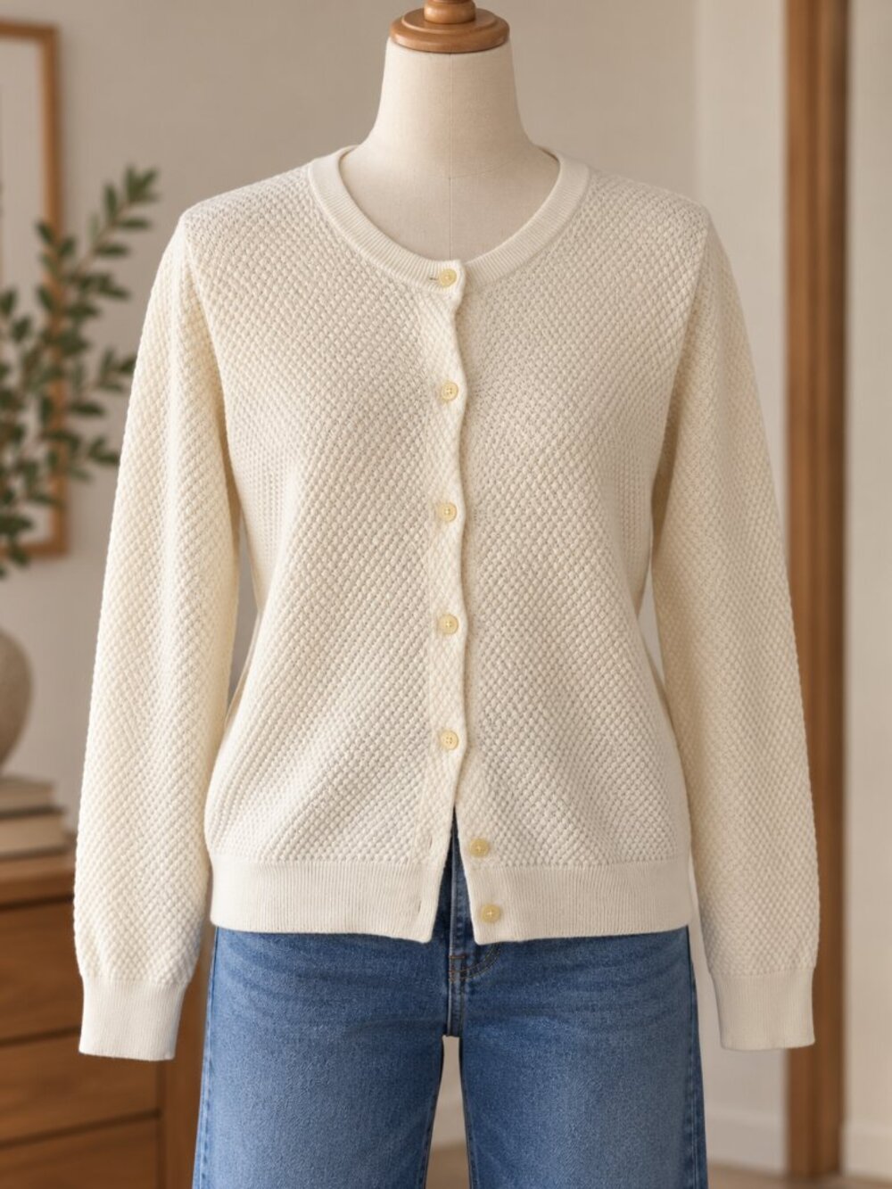 L.L.Bean Supima Cotton Cream Textured Knit Button Cardigan Women’s XL